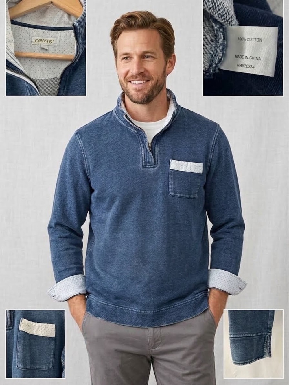 Orvis Men’s Size L Indigo Acid Wash 1/4 Zip Sweatshirt Polka Dot Trim 100% Cotto